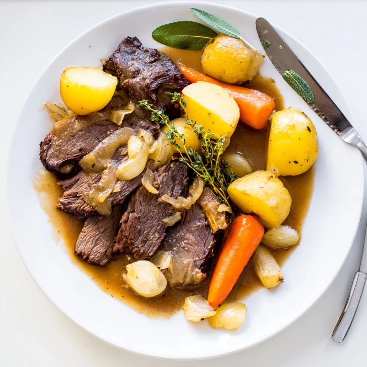 Fork-tender Beef Pot Roast with gravy-soaked carrots and potatoes, served family-style on a platter.