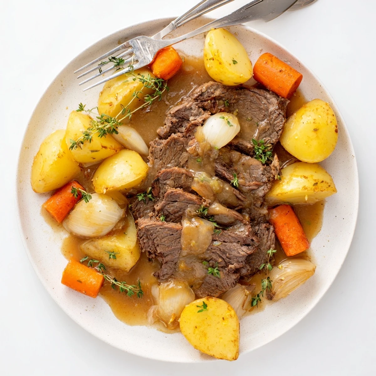 Golden Beef Pot Roast in rich gravy, plated with potatoes and carrots for a hearty meal.