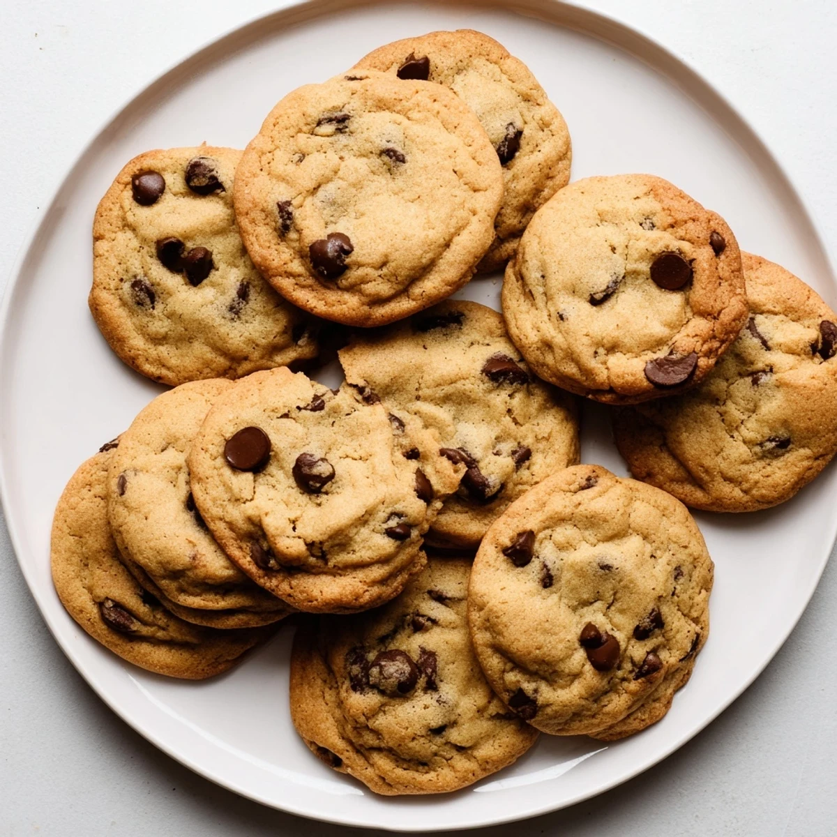 Homemade Chocolate Chip Cookies stacked high, showcasing soft centers and gooey chocolate pools in soft afternoon light.