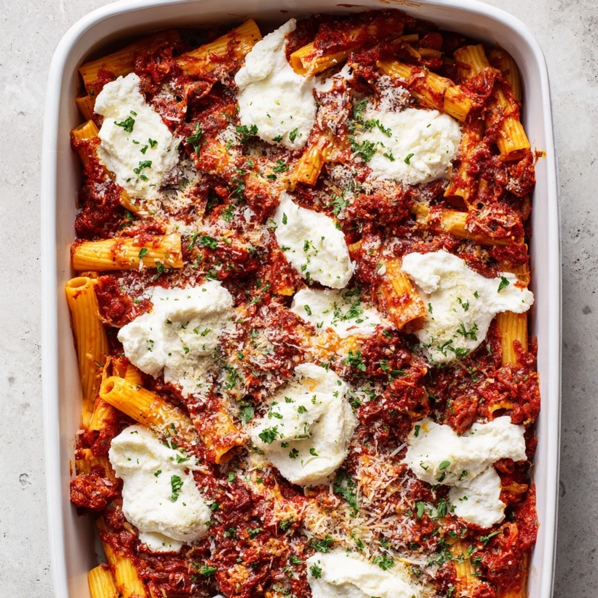 Golden, bubbly mozzarella tops a rich layer of creamy ricotta and al dente Baked Ziti in a white casserole dish.