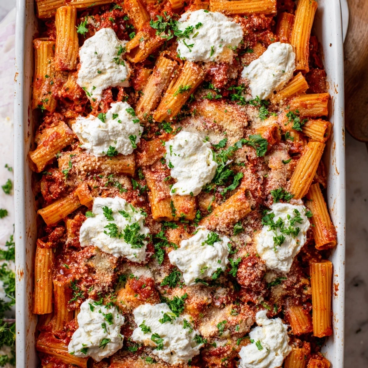 A close-up of Baked Ziti reveals layers of rich tomato sauce, melted cheese, and fresh parsley garnish.