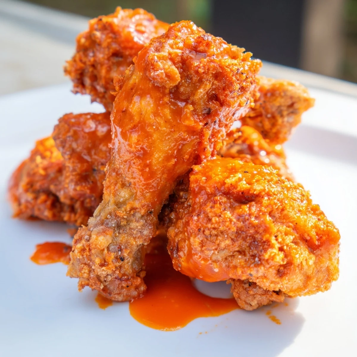 Golden brown, crispy Buffalo Wings coated in tangy red sauce, served with celery sticks and blue cheese dip on a plate.