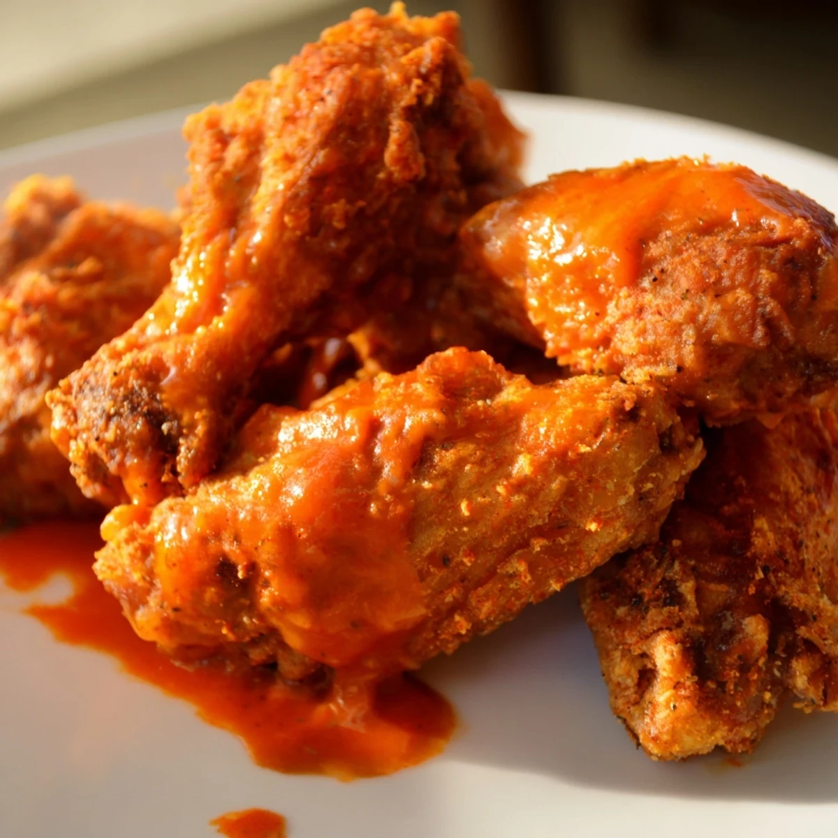 A plate of glazed Buffalo Wings with celery sticks and blue cheese dip, ready for a game day appetizer spread.