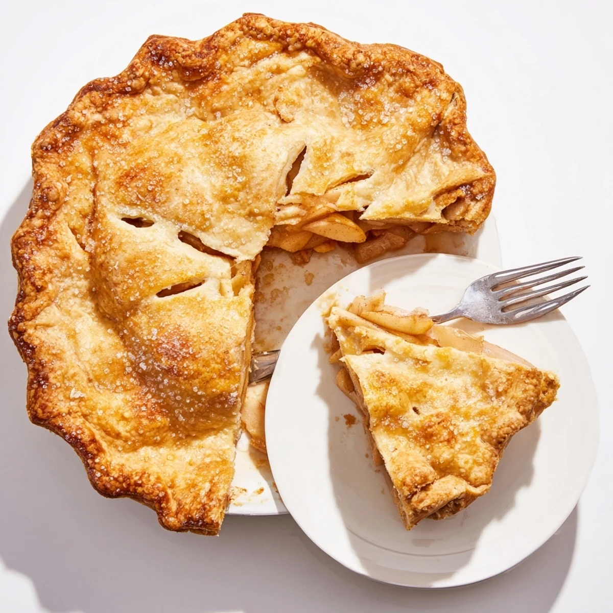 Golden-brown Apple Pie with a flaky lattice crust, bubbling with spiced apple filling and served warm with vanilla ice cream.