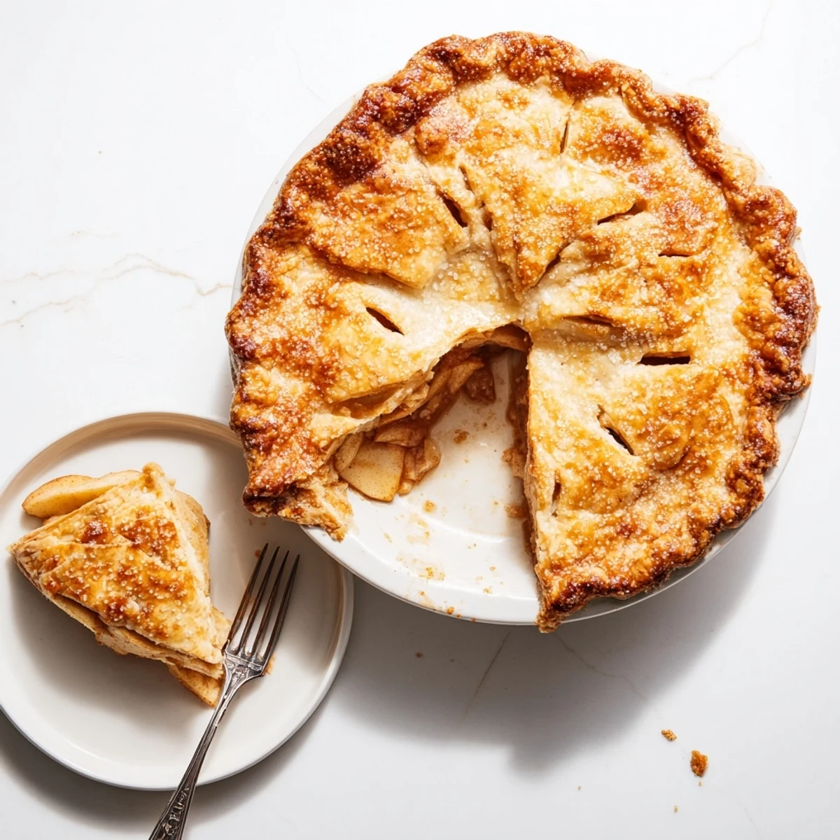 Freshly baked Apple Pie cooling on a wire rack with a slice removed, revealing tender cinnamon apples inside.