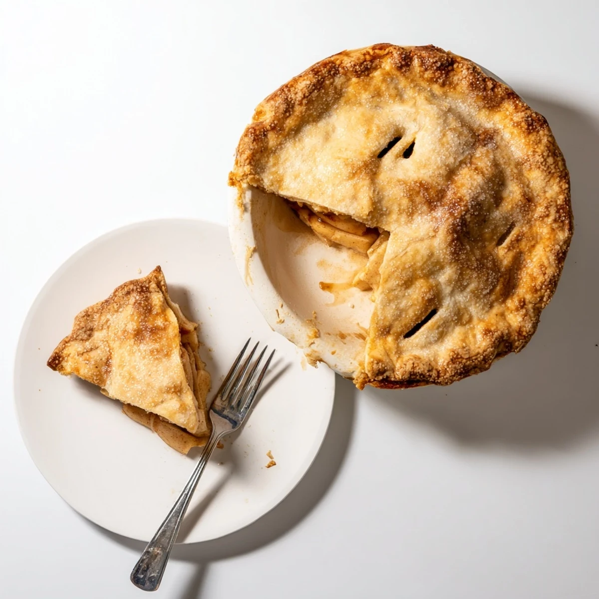 Rustic Apple Pie with a crimped edge, a scoop of vanilla ice cream melting on top, perfect for dessert.