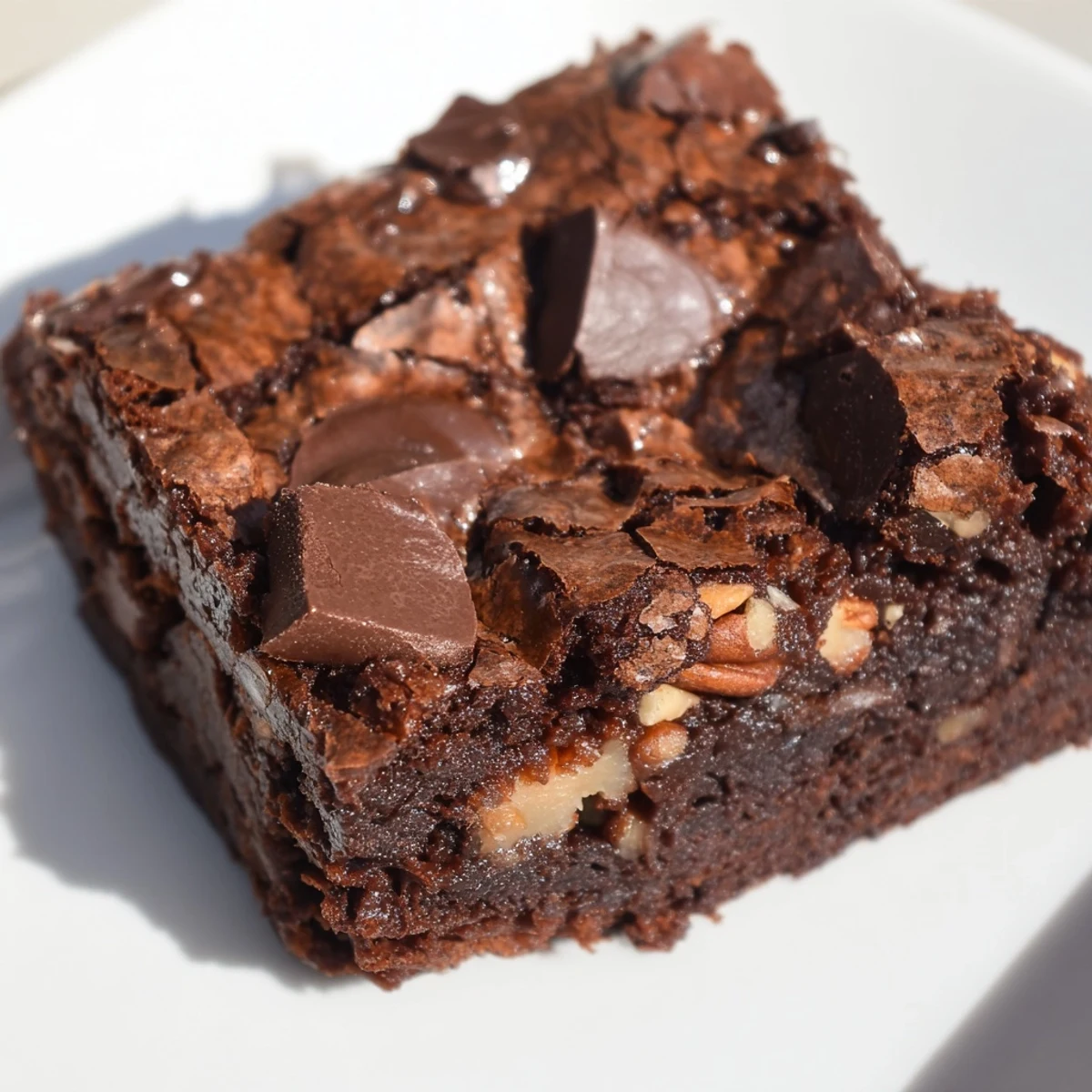 Freshly baked fudgy brownies with a crackly top are cut into squares on a wooden board.
