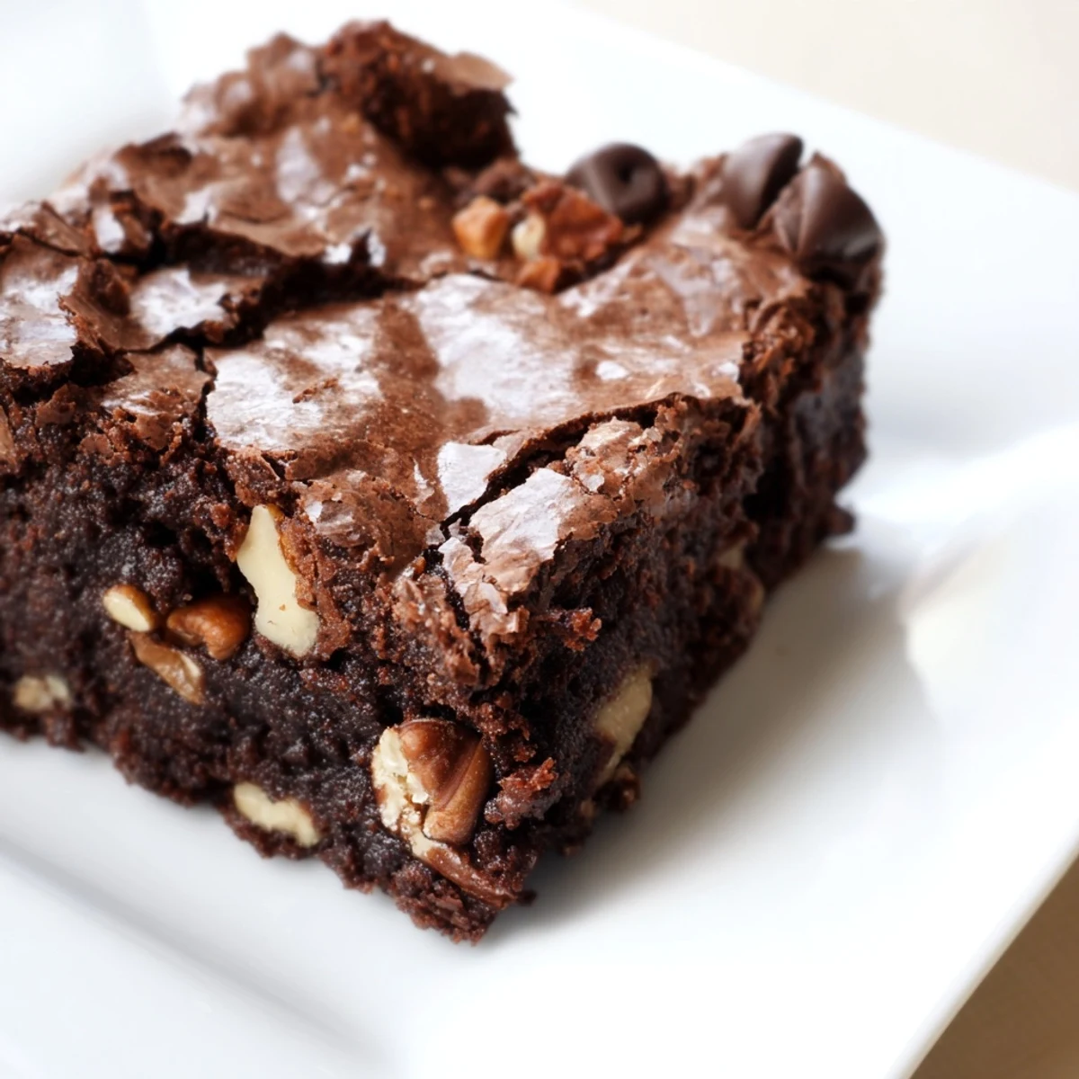 Rich, dense brownie squares are plated with vanilla ice cream and chocolate drizzle.