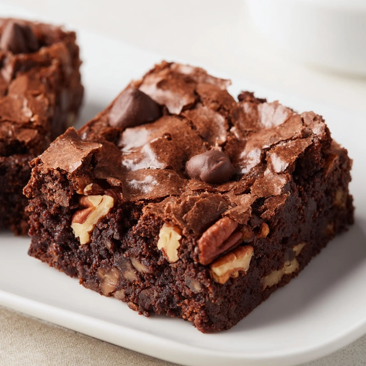 Warm brownies with gooey centers and chopped walnuts sit on a cooling rack.