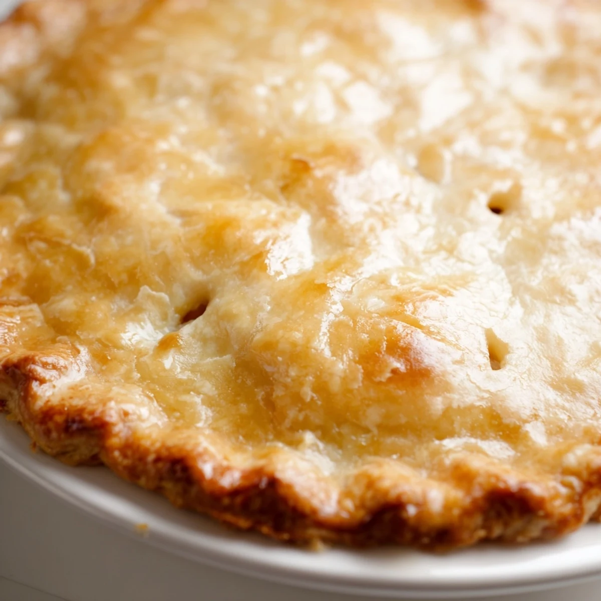 A close-up of bubbling Chicken Pot Pie with a golden flaky crust and steam rising from the filling.