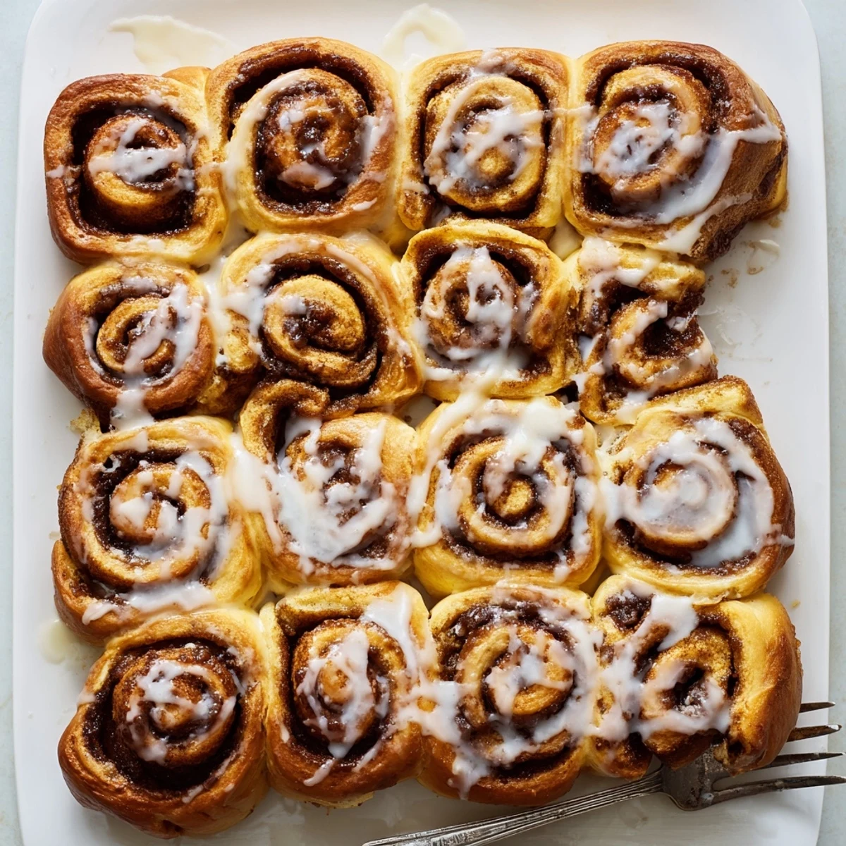 Freshly baked Cinnamon Rolls topped with vanilla glaze, arranged in a round baking pan for a cozy breakfast treat.