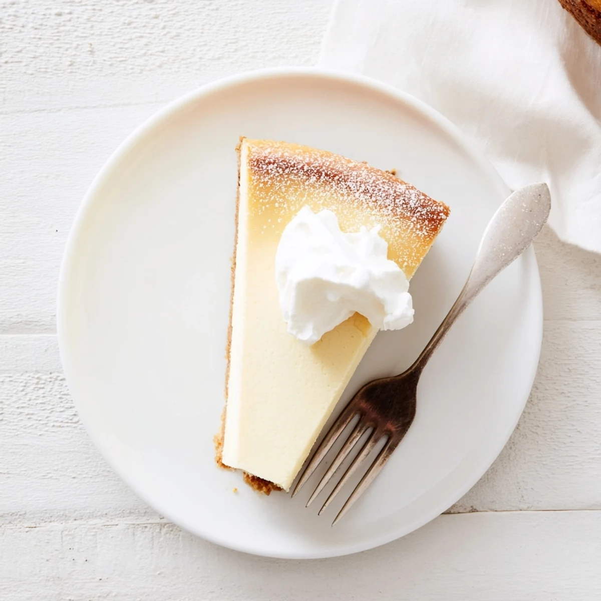 A slice of New York Cheesecake with a golden graham cracker crust and a dollop of fresh strawberry topping.