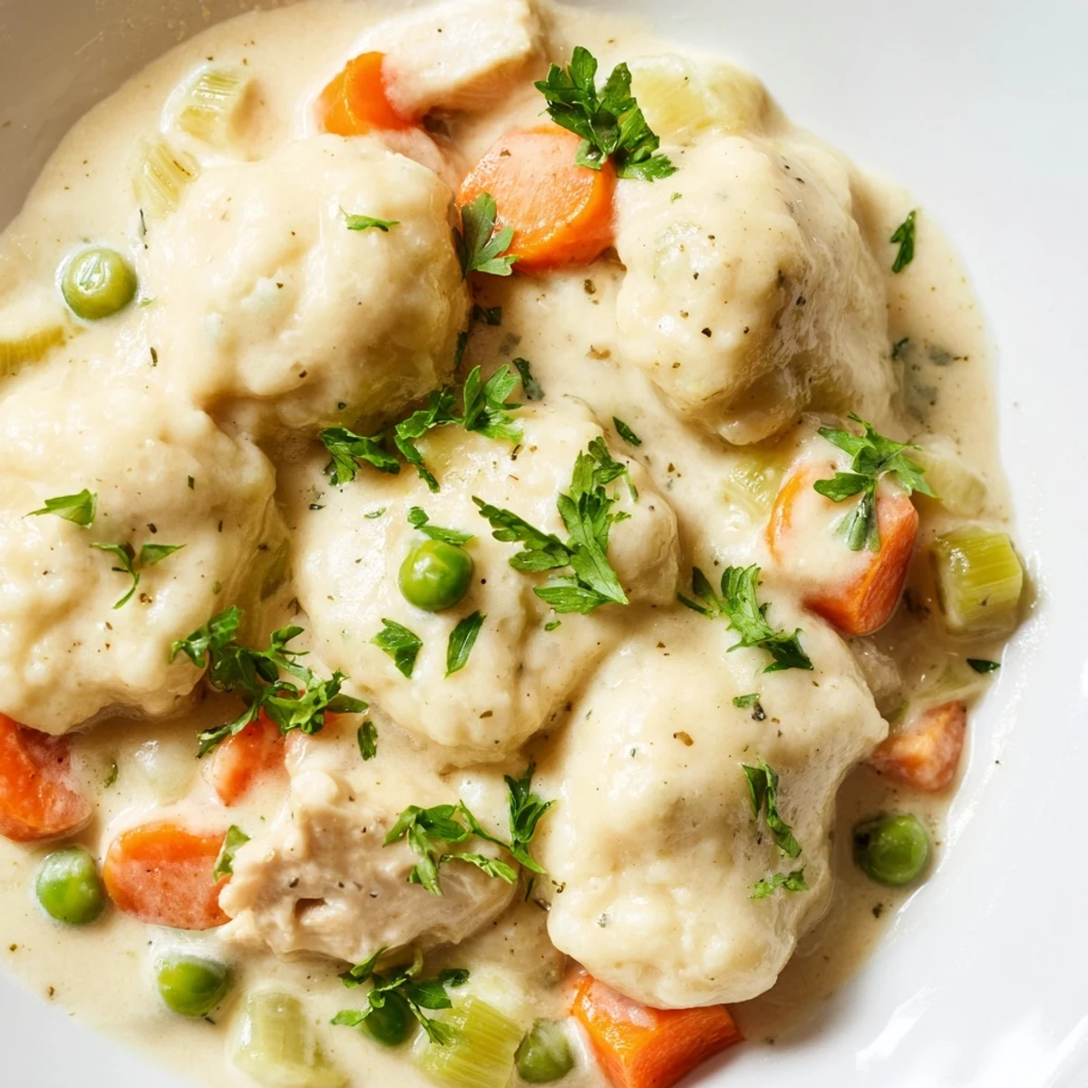 Golden-brown fluffy dumplings rest on a creamy stew filled with tender chicken, carrots, and peas in a rustic bowl.