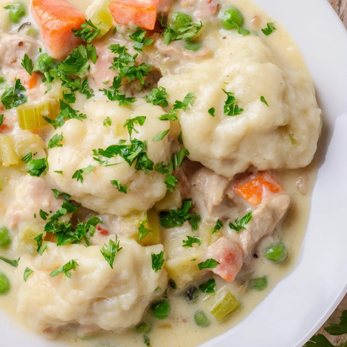 Homemade Chicken and Dumplings served hot from a pot, featuring plump dumplings and a rich, creamy chicken vegetable filling.
