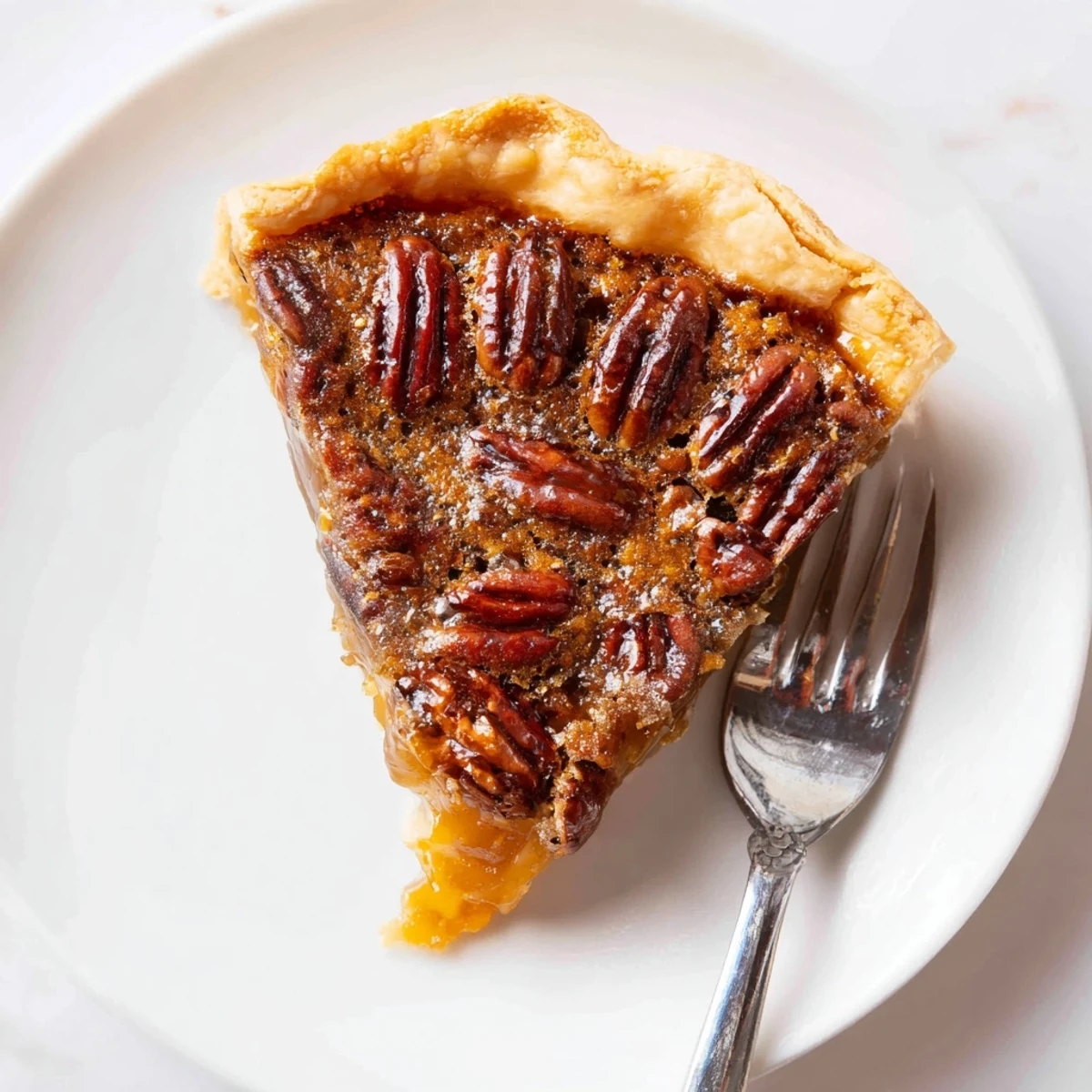 A freshly baked Pecan Pie with a golden-brown, flaky crust and a glossy, caramelized pecan filling, ready to slice.