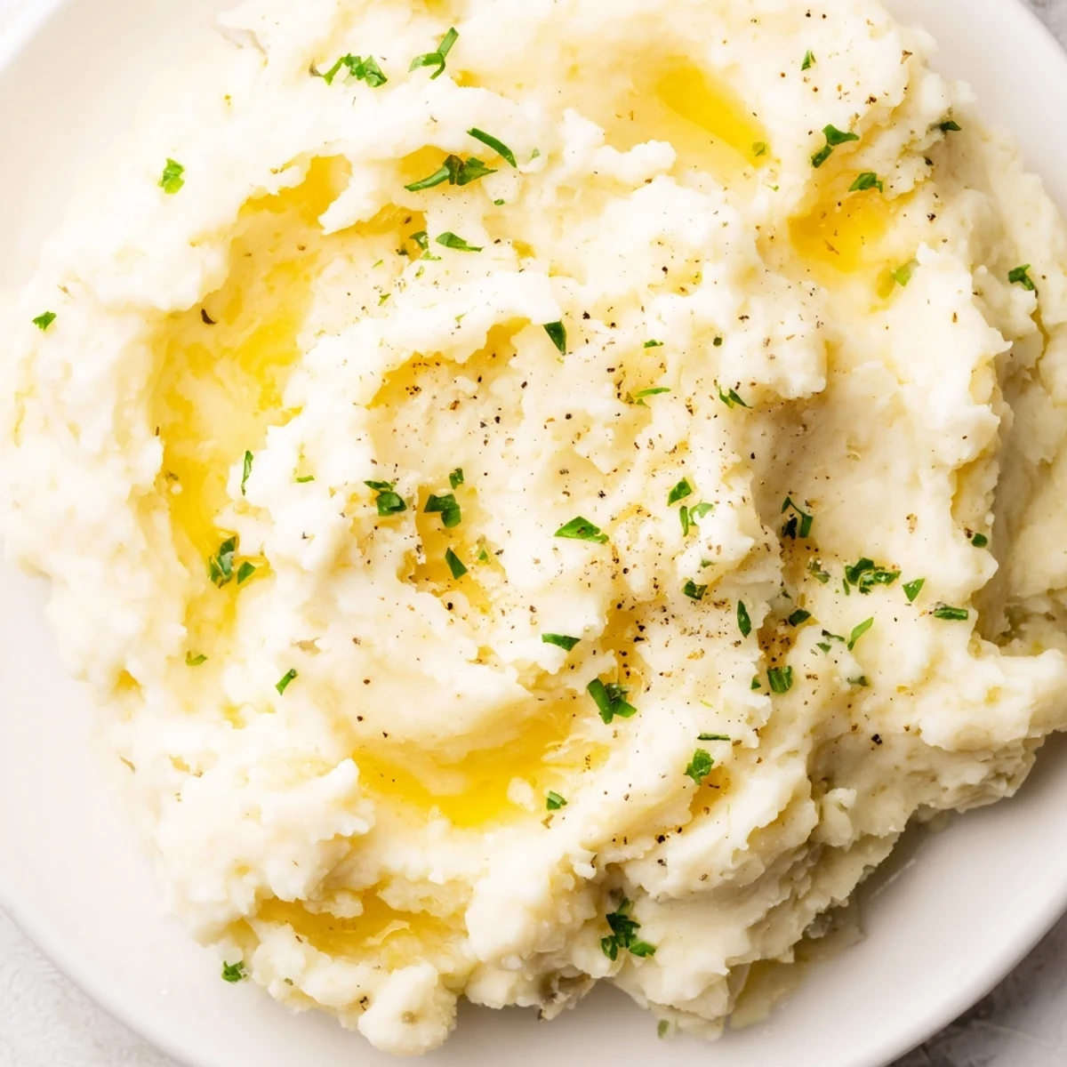 Fluffy, creamy mashed potatoes served hot and garnished with fresh chives in a rustic bowl.
