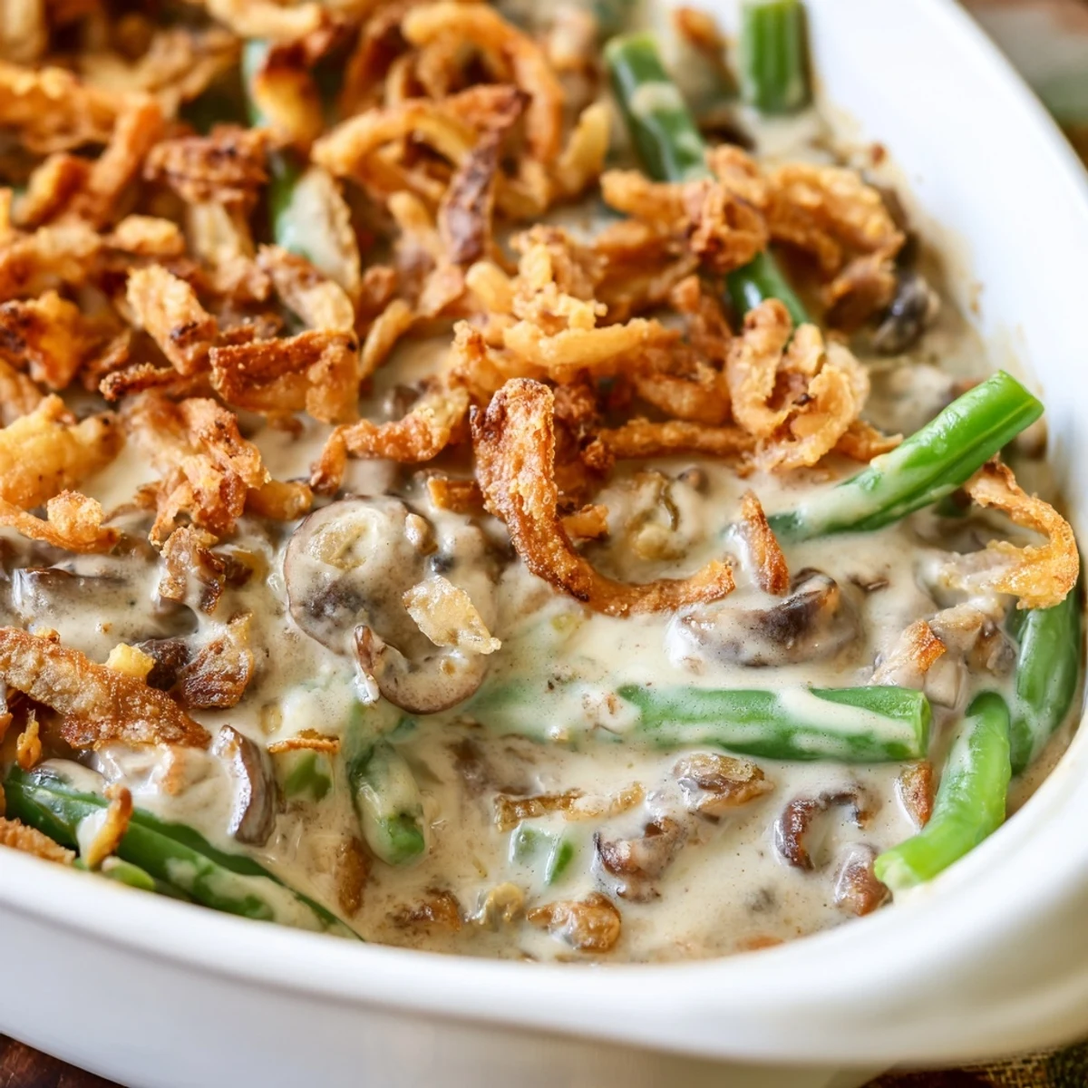 Green Bean Casserole served hot from the oven alongside a festive holiday ham and scalloped potatoes on a table.