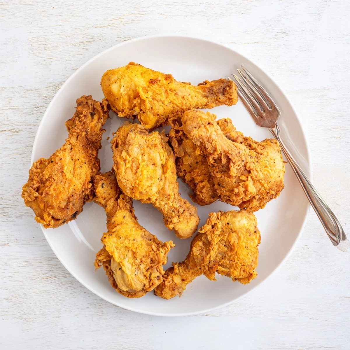 A platter of Southern-style fried chicken with a crunchy crust and tender, juicy meat, next to coleslaw