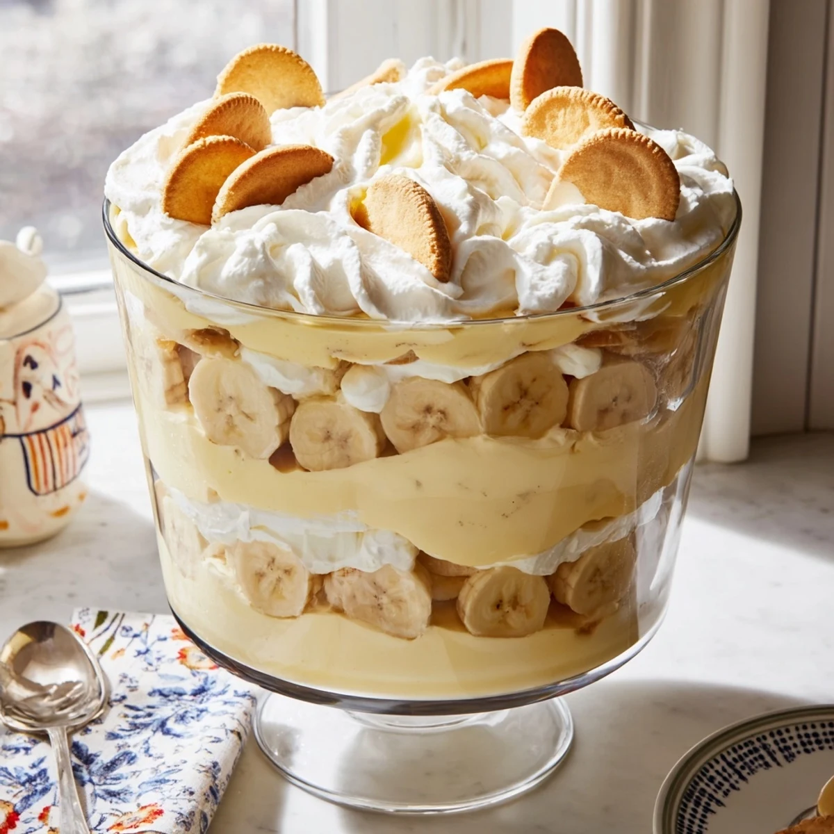 Creamy Banana Pudding dessert layered with vanilla wafers and fresh bananas in a glass bowl.