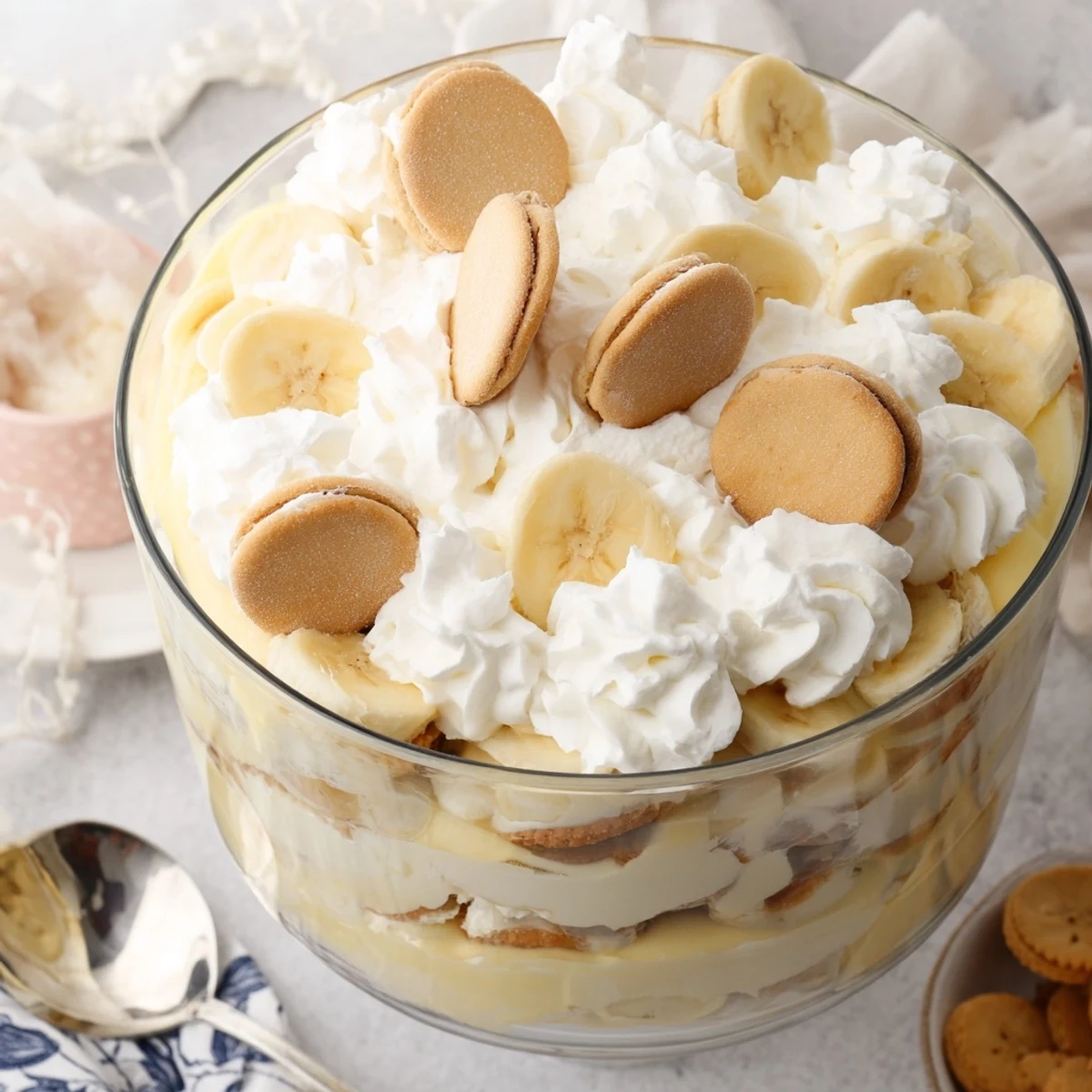 Homemade Southern Banana Pudding topped with fluffy whipped cream and banana slices, ready to serve.
