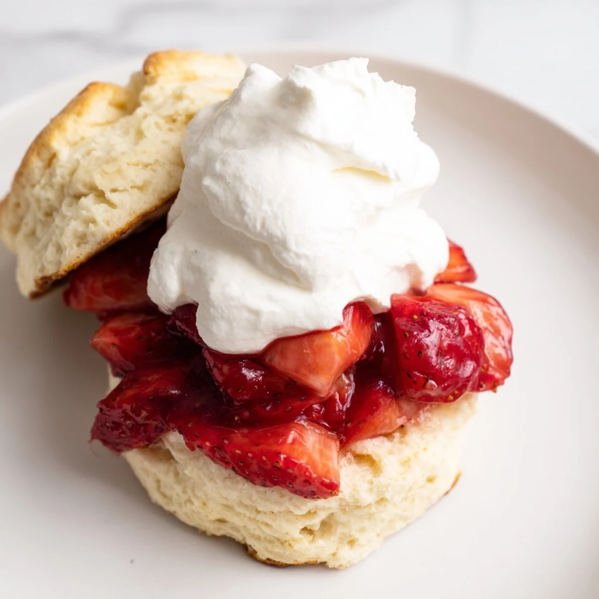 Freshly baked golden biscuits for Strawberry Shortcake are split and layered with sweet macerated strawberries and fluffy whipped cream.