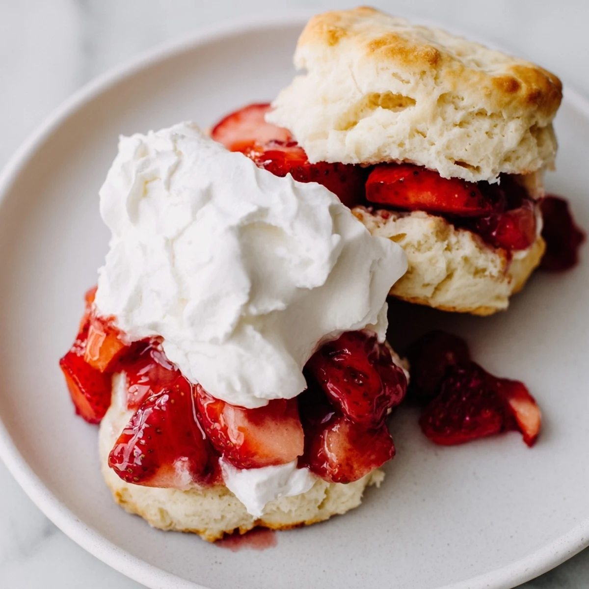 A plated Strawberry Shortcake showcases layered strawberries, soft biscuits, and cloud-like whipped cream, ready to serve at a summer picnic.