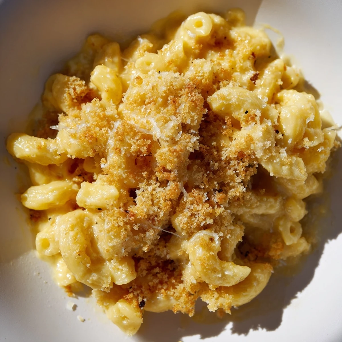 A bowl of homemade stovetop macaroni and cheese, featuring a rich, velvety cheese sauce with black pepper.