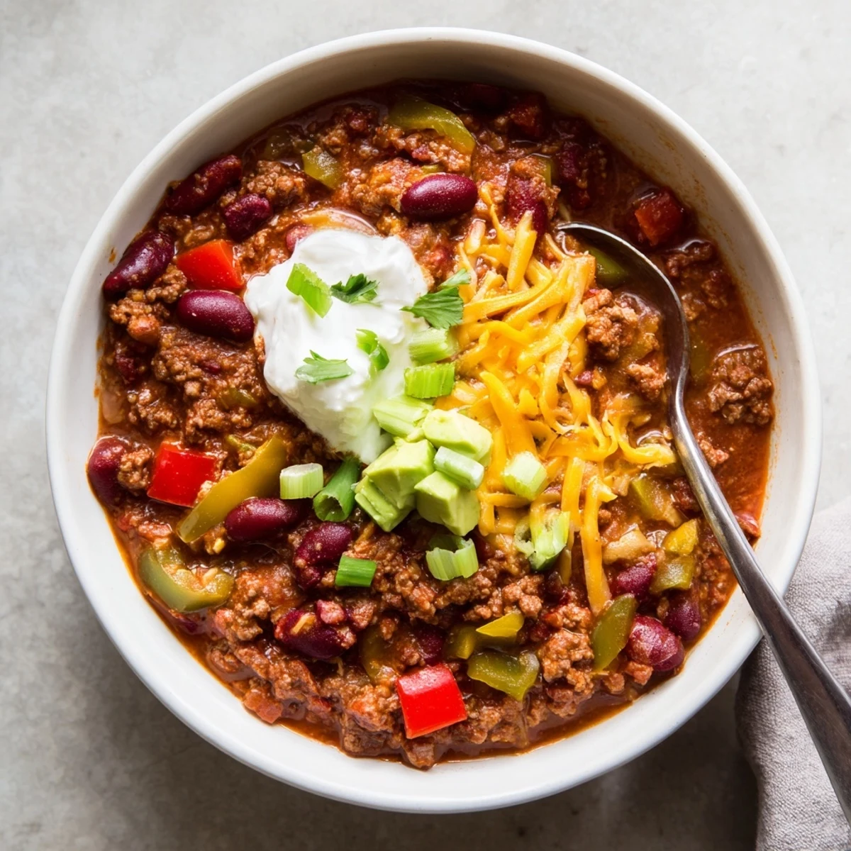 Steaming bowl of hearty Chili con Carne topped with cheddar cheese, sour cream, and fresh cilantro.