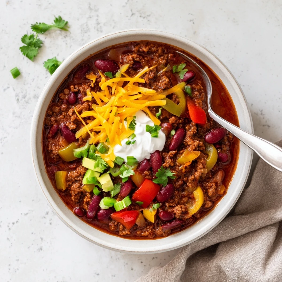 Colorful bowl of homemade Chili con Carne garnished with diced avocado and sliced green onions.