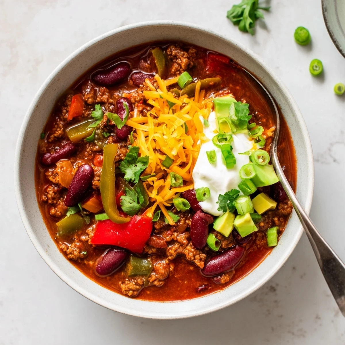 Spicy Tex-Mex Chili con Carne with kidney beans and ground beef served beside warm cornbread.