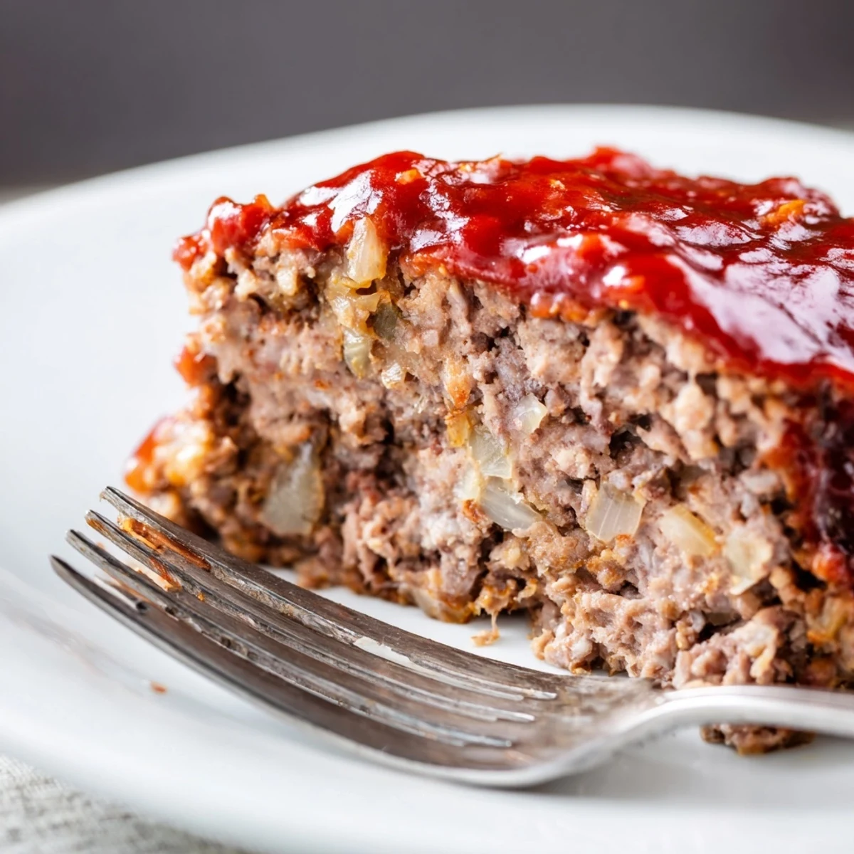 Freshly baked classic meatloaf glistening with a tangy ketchup glaze, sliced to reveal a tender, juicy interior.