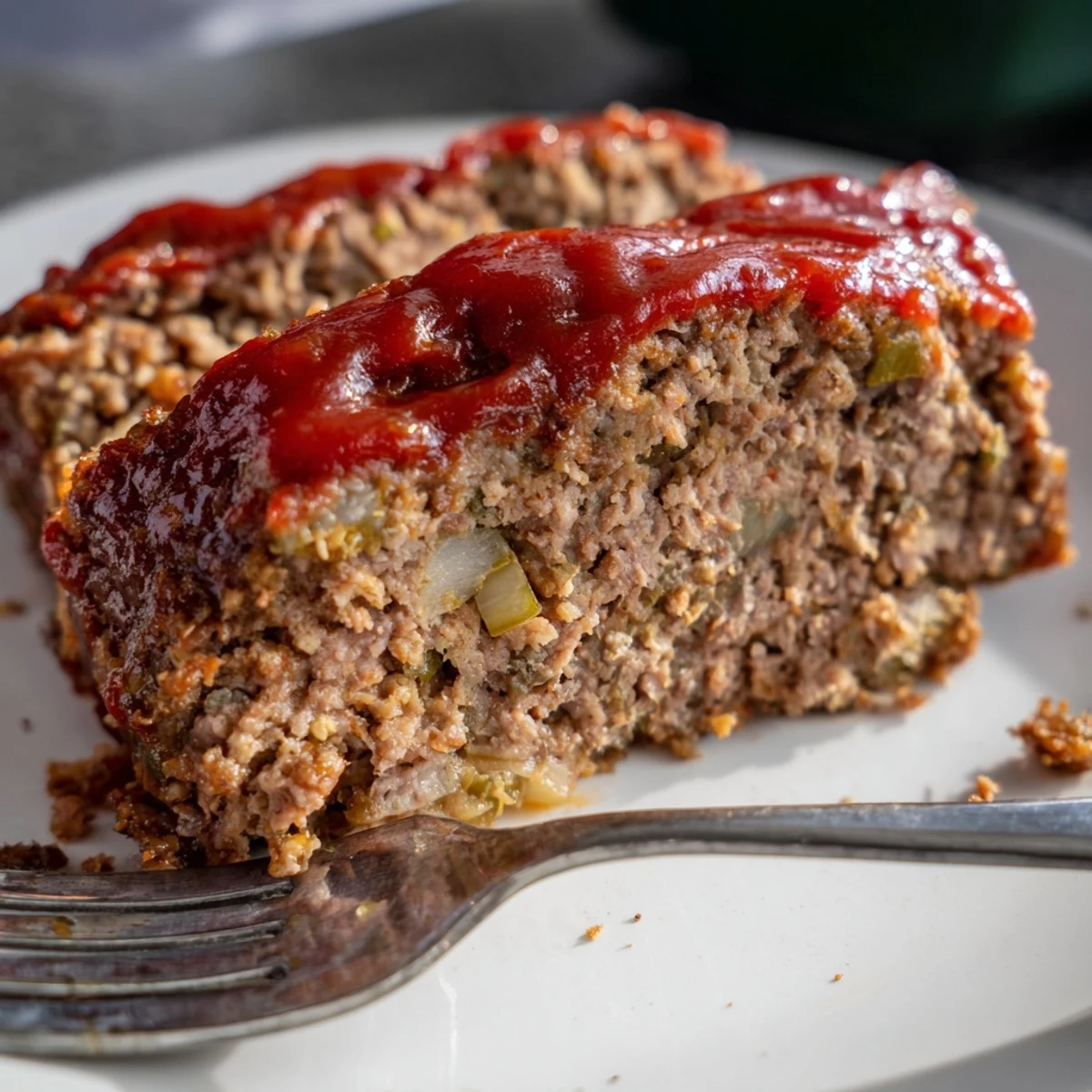 Perfectly cooked meatloaf topped with sticky brown sugar glaze served beside creamy mashed potatoes and green beans.