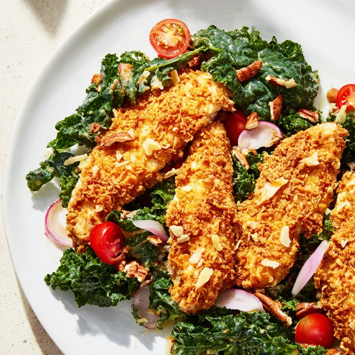 Golden, crispy chicken strips rest on a bed of fresh kale salad with cherry tomatoes and red onion slices, drizzled with maple-Dijon dressing.
