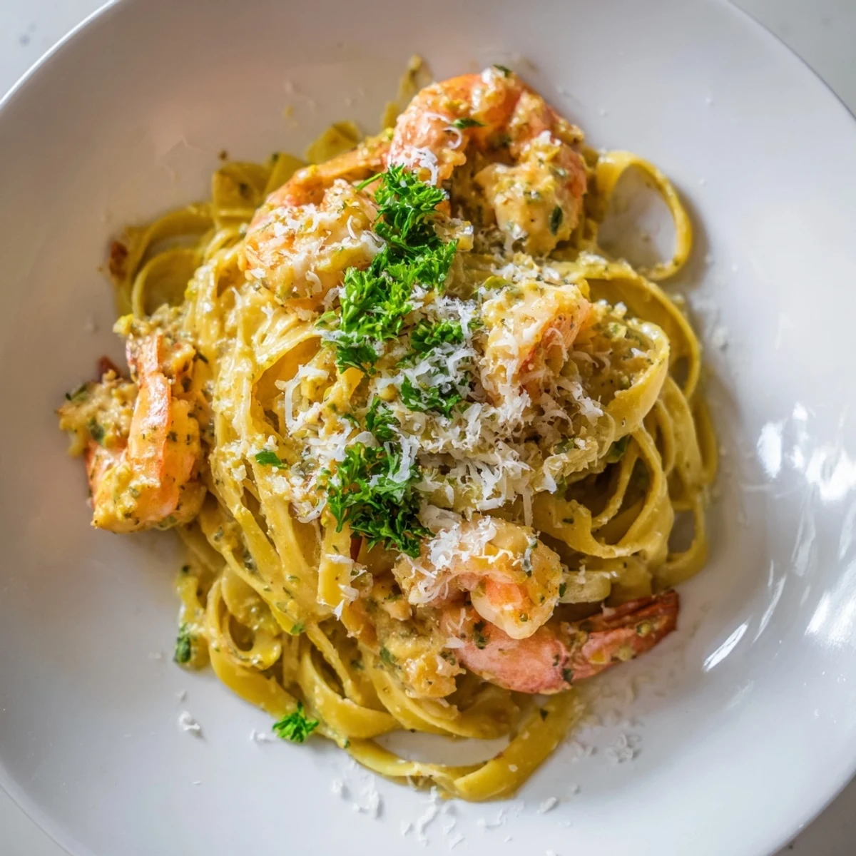 Wide-angle view of Creamy Garlic Shrimp Pasta served in a rustic bowl, featuring succulent shrimp nestled in al dente linguine smothered in rich Parmesan cream sauce, ready to be enjoyed.