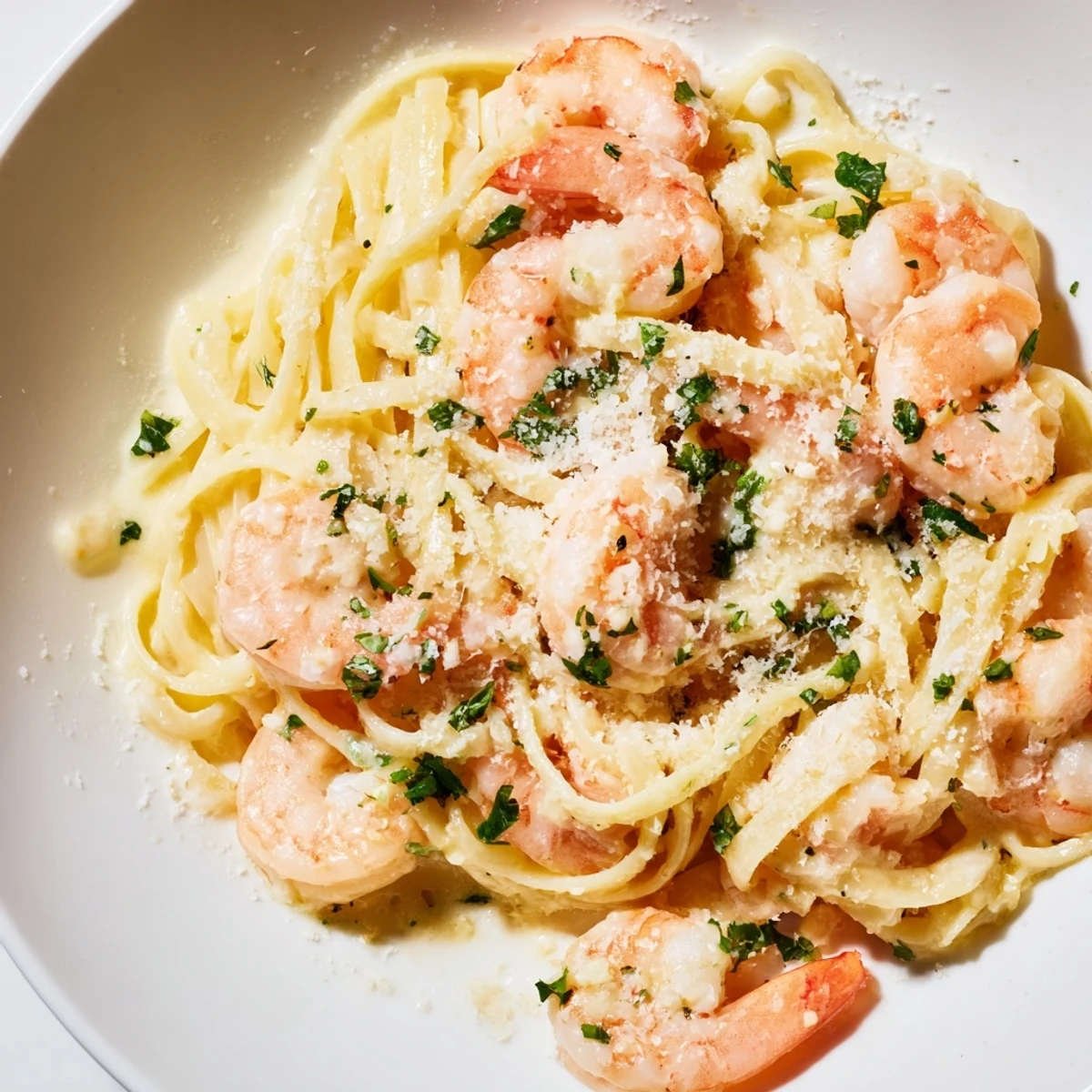 Overhead shot of Creamy Garlic Shrimp Pasta, highlighting the texture of the linguine, the glossy garlic cream sauce, and the golden shrimp, with a sprinkle of fresh parsley and lemon.