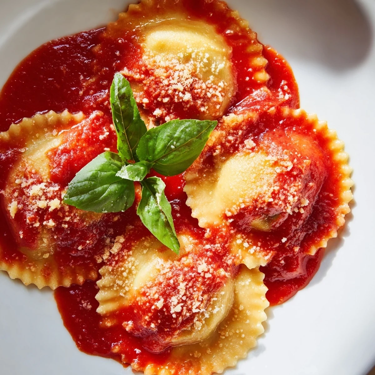 Freshly made spinach ricotta ravioli glistens in vibrant marinara sauce, garnished with basil.