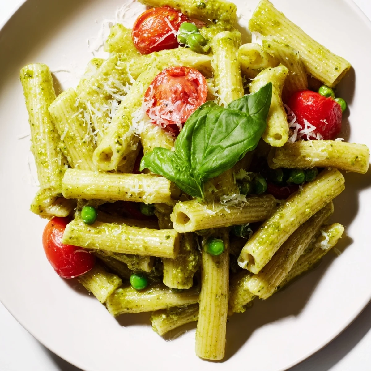 Green Pesto Pasta Salad with tender pasta and juicy tomatoes served on a rustic plate, garnished with fresh basil leaves and plenty of Parmesan.