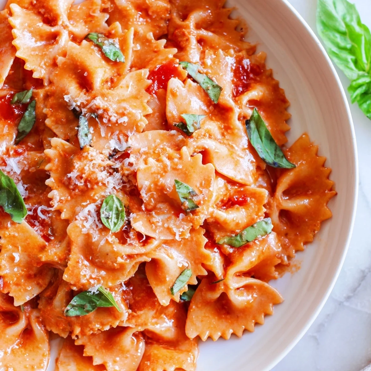 Creamy Tomato Basil Bowtie Pasta is served hot, garnished with fresh basil and grated Parmesan.