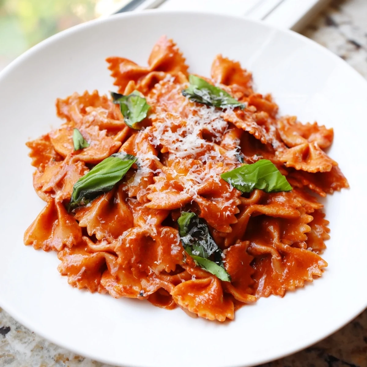 Close-up of Tomato Basil Bowtie Pasta twirled on a fork, highlighting the rich, silky red sauce.