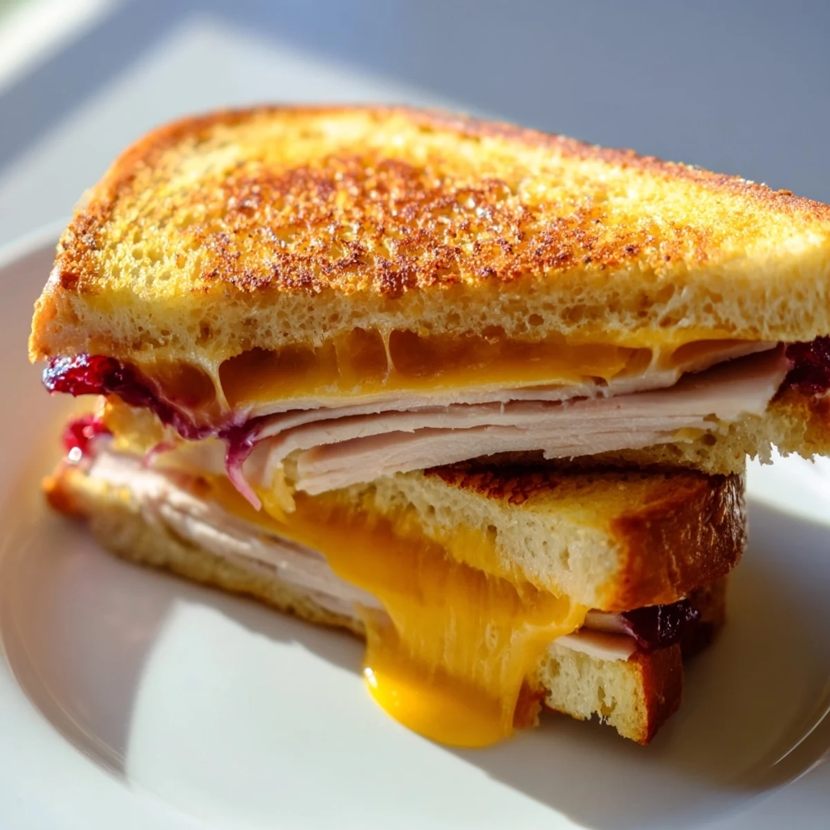 Grilled Smoked Turkey Grilled Cheese with buttery bread, layers of smoked turkey and gooey sharp cheddar.
