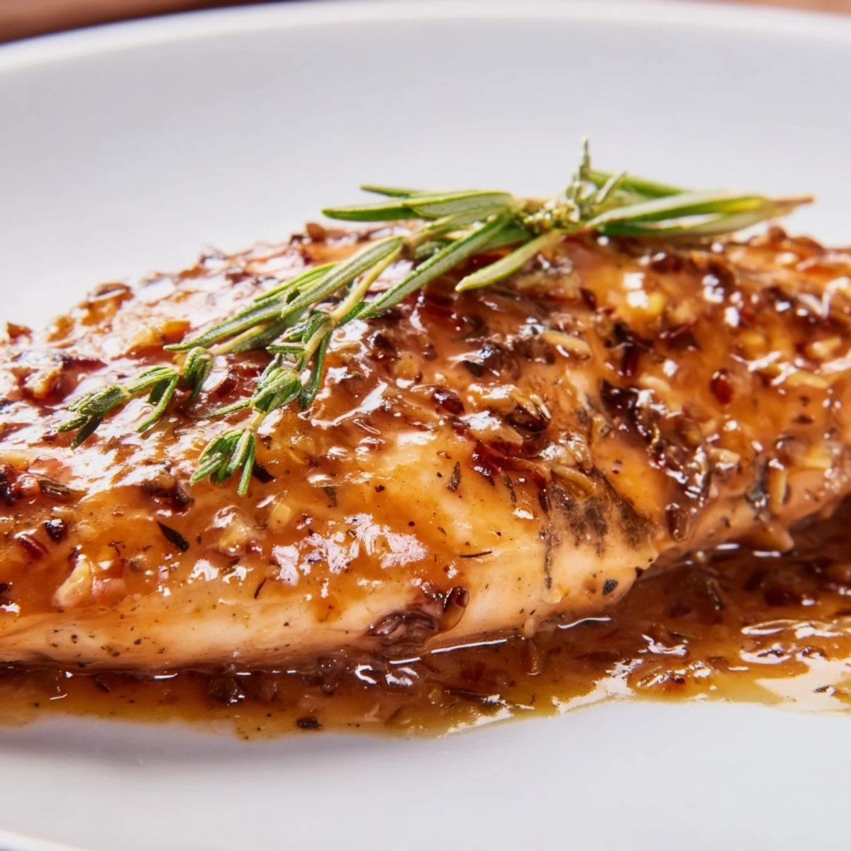 Golden-brown chicken breasts simmering in a glossy honey Dijon sauce with fresh thyme and rosemary in a skillet.