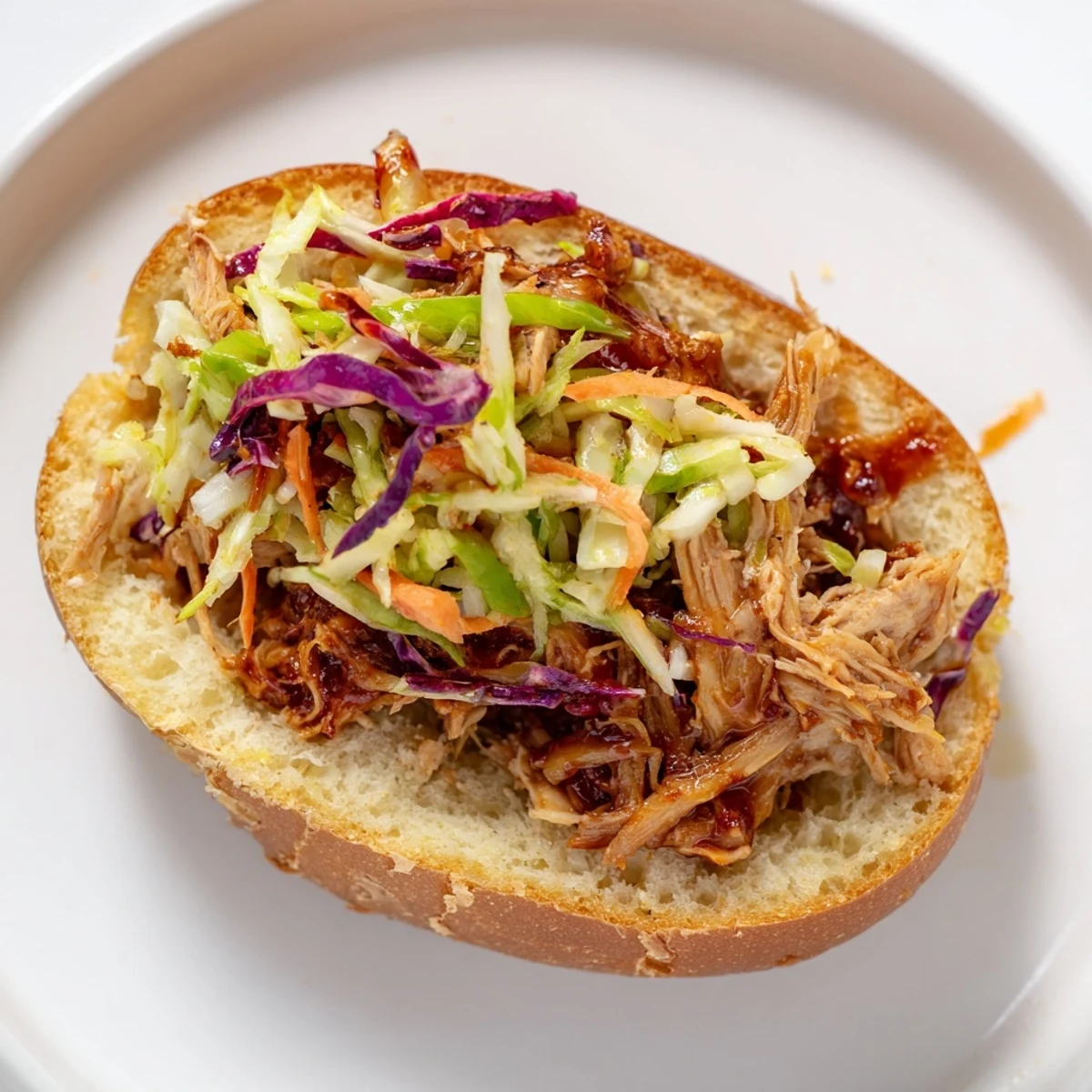 Golden, shredded barbecue chicken mounds on a toasted brioche bun, crowned with a crisp, colorful slaw and served on a checkered picnic cloth.