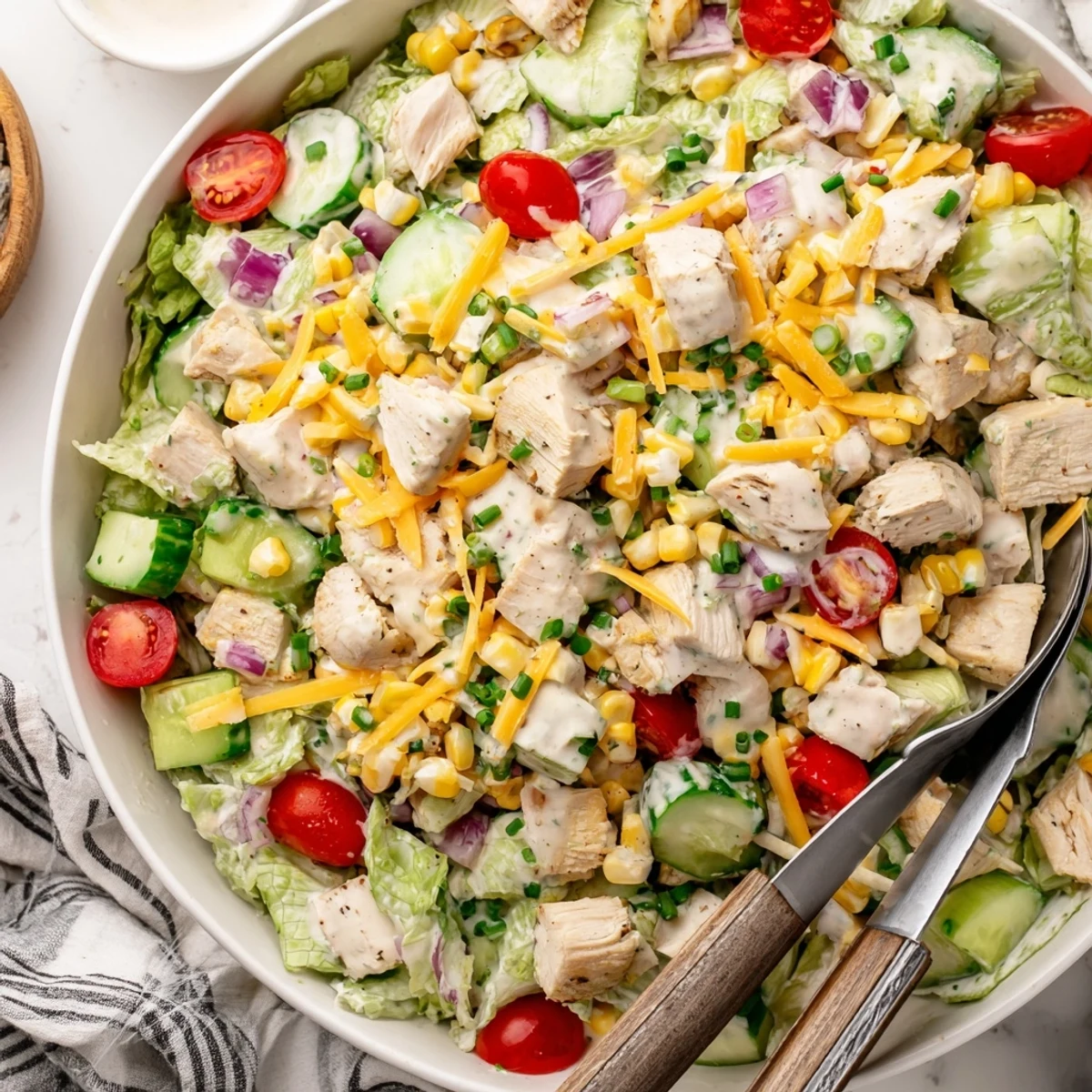 This vibrant Ranch Chicken Chopped Salad features juicy chicken, corn, and crisp romaine topped with creamy, homemade Greek yogurt ranch dressing.