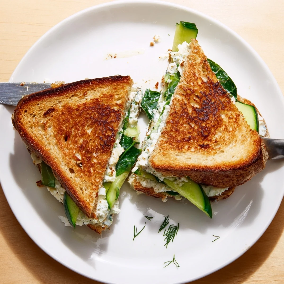Creamy whipped feta grilled cheese with dill and lemon zest, grilled golden-brown on buttery sourdough slices.  