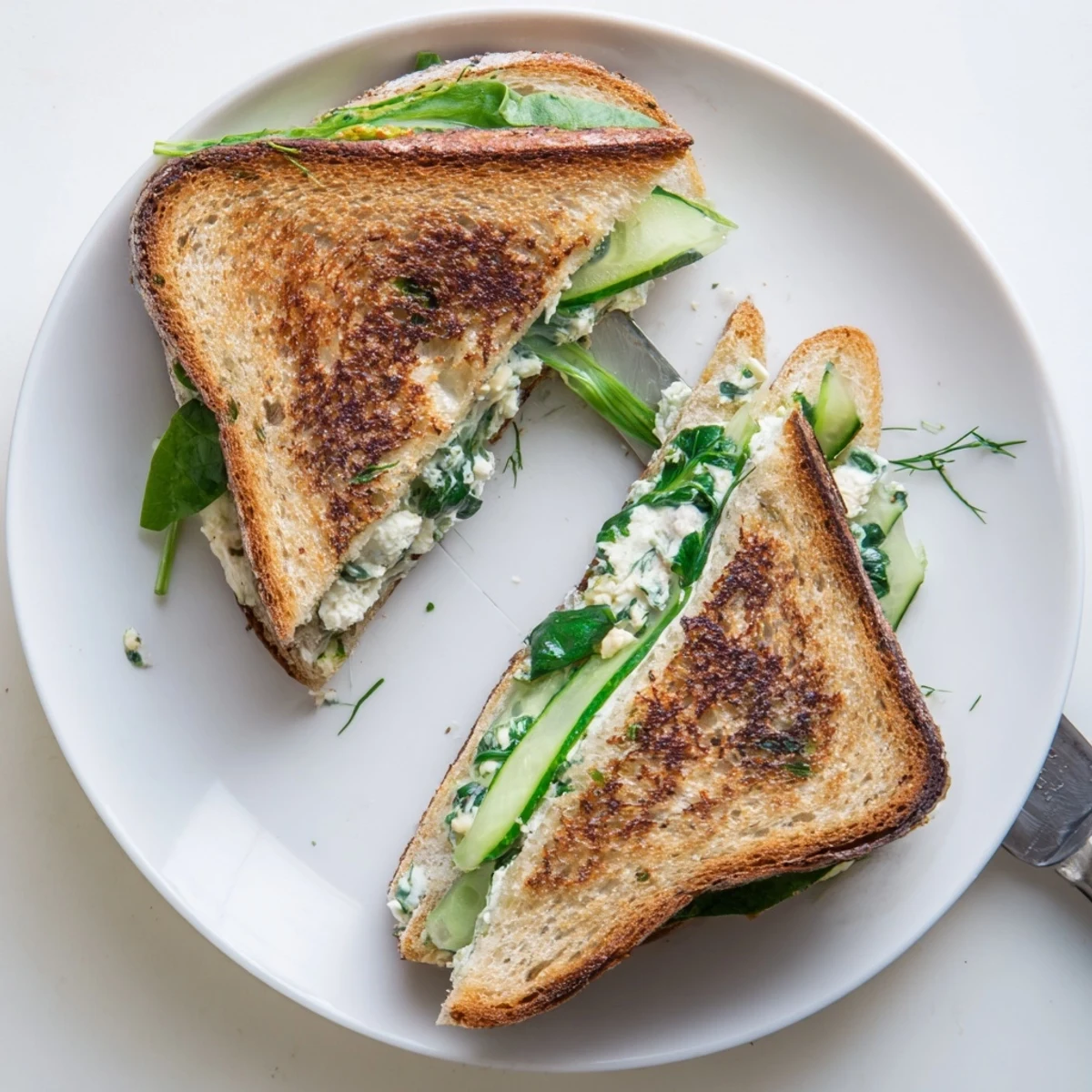 Spring grilled cheese layered with crisp cucumber and scallions, served warm with a vibrant green salad.  