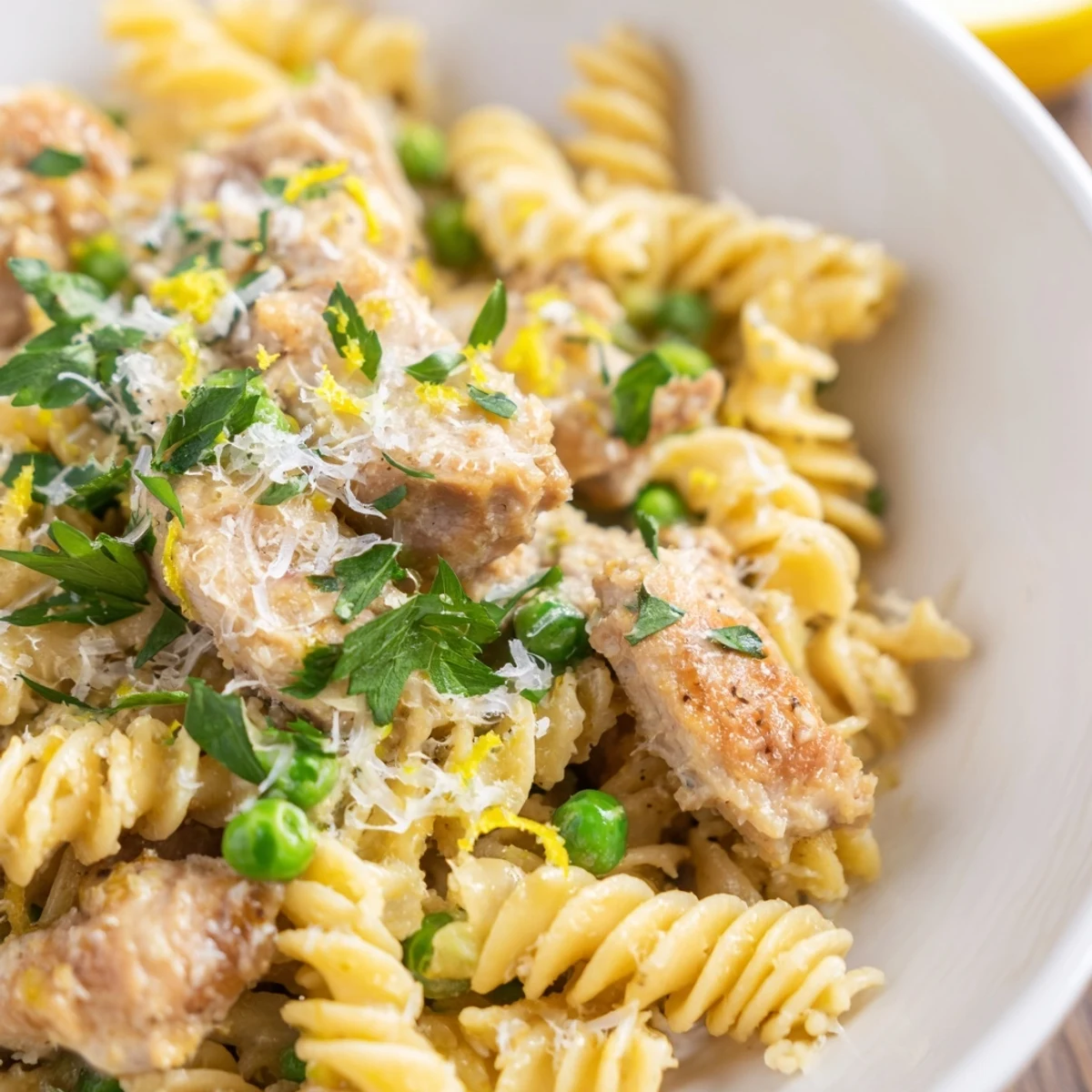 Garlic Butter Chicken & Pea Pasta served in a white bowl with fresh parsley garnish and a lemon wedge.
