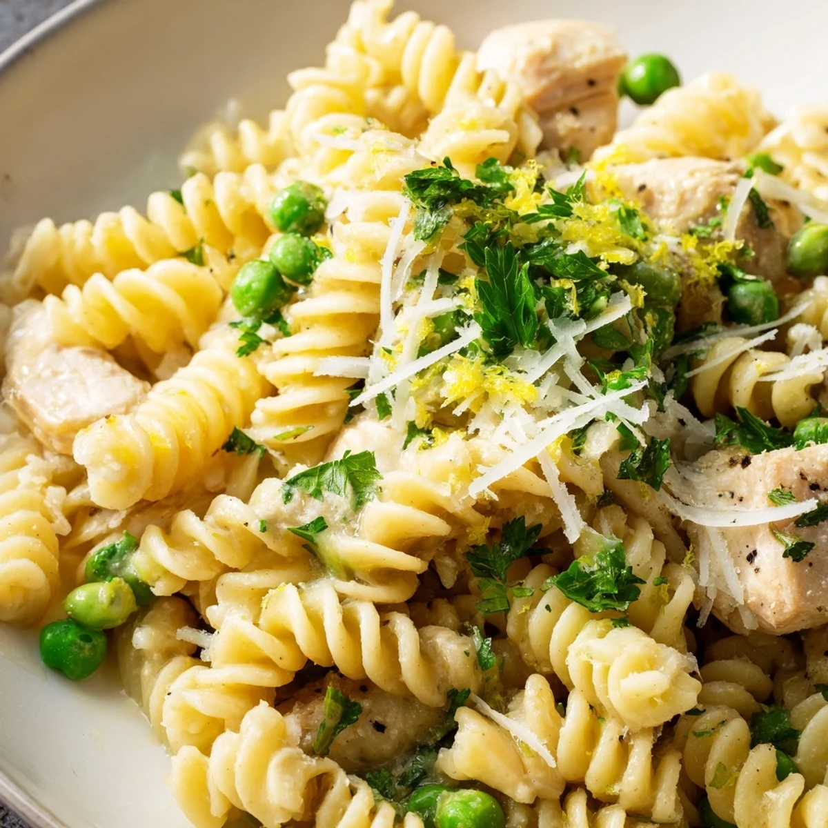 Family-style platter of Garlic Butter Chicken & Pea pasta, featuring golden chicken and bright green peas ready to serve.