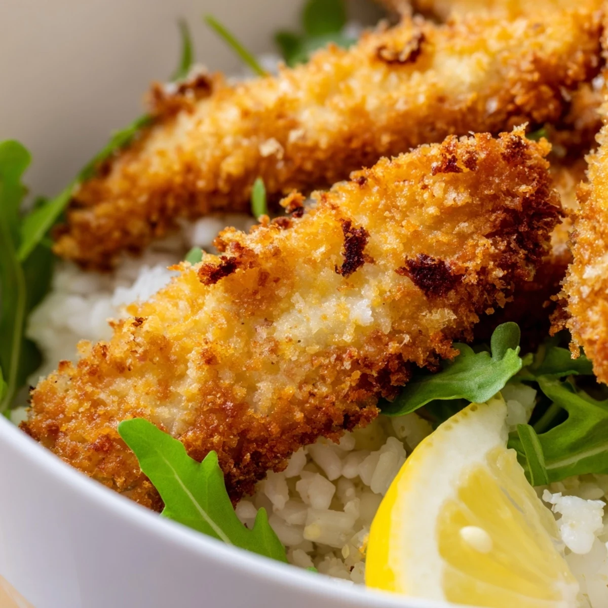 Crispy Parmesan Chicken Cutlet Bowl features golden, panko-crusted chicken slices fanned over warm rice, fresh arugula, and a bright lemon wedge.  