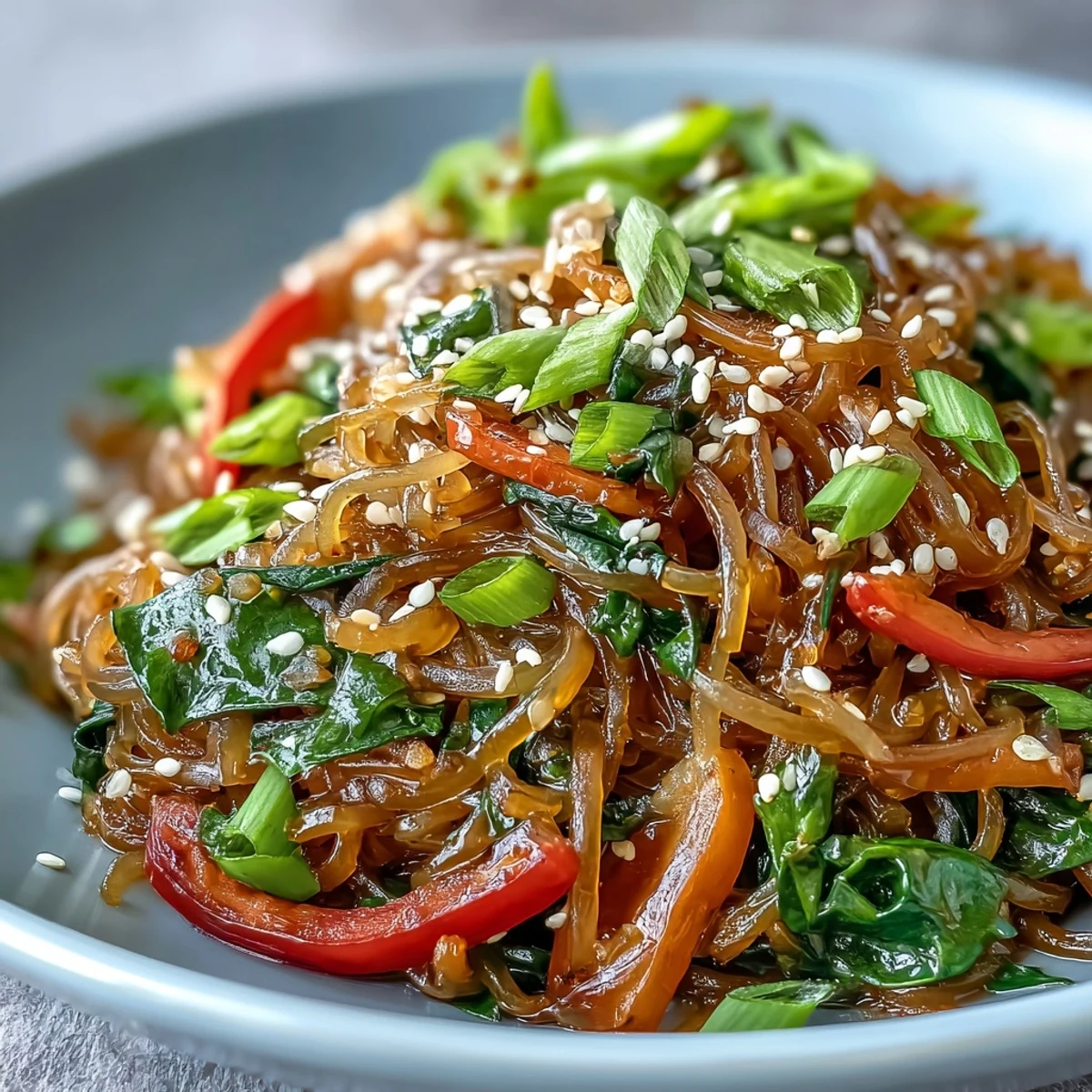 Crispy kelp noodles tossed with fresh snap peas and bell peppers in sesame.
