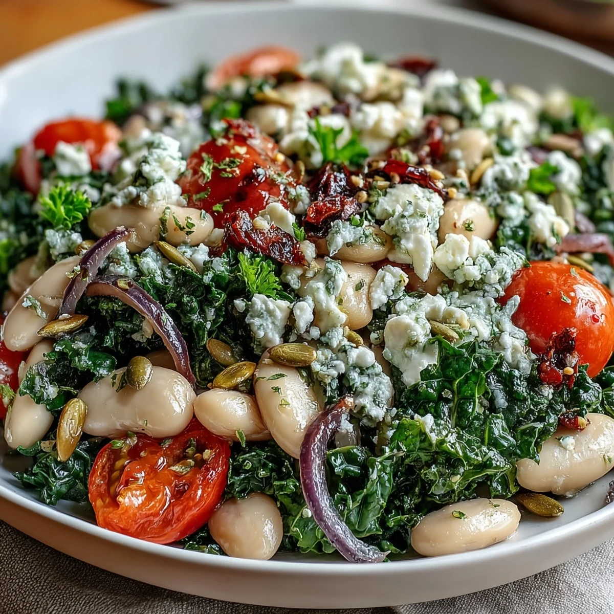 Hearty white bean and kale salad with vibrant tomatoes and lemon-garlic dressing.
